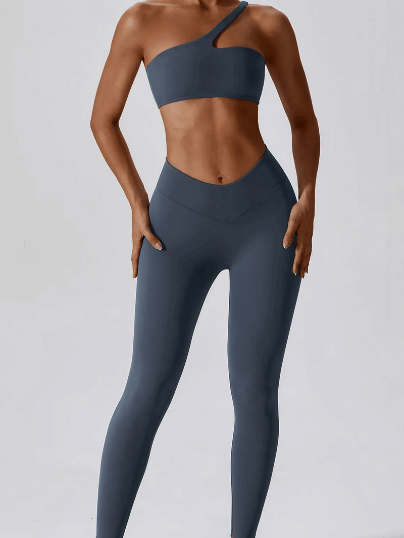 Women's sports one shoulder push-up bra and leggings set in gray, perfect for exercise with breathable nylon fabric and slim fit design.